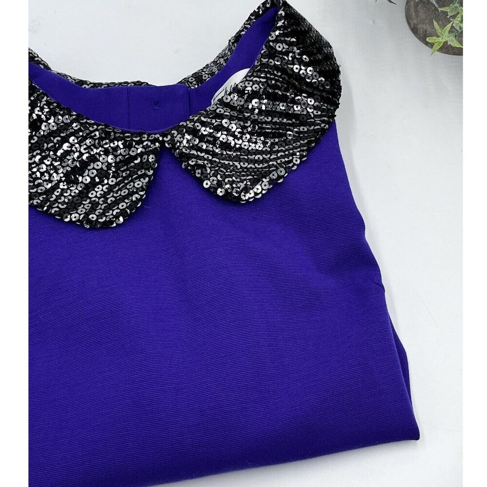 Milly Vintage Purple Blouse Black Sequin Collar Back Buttons Short Sleeve Sz SM